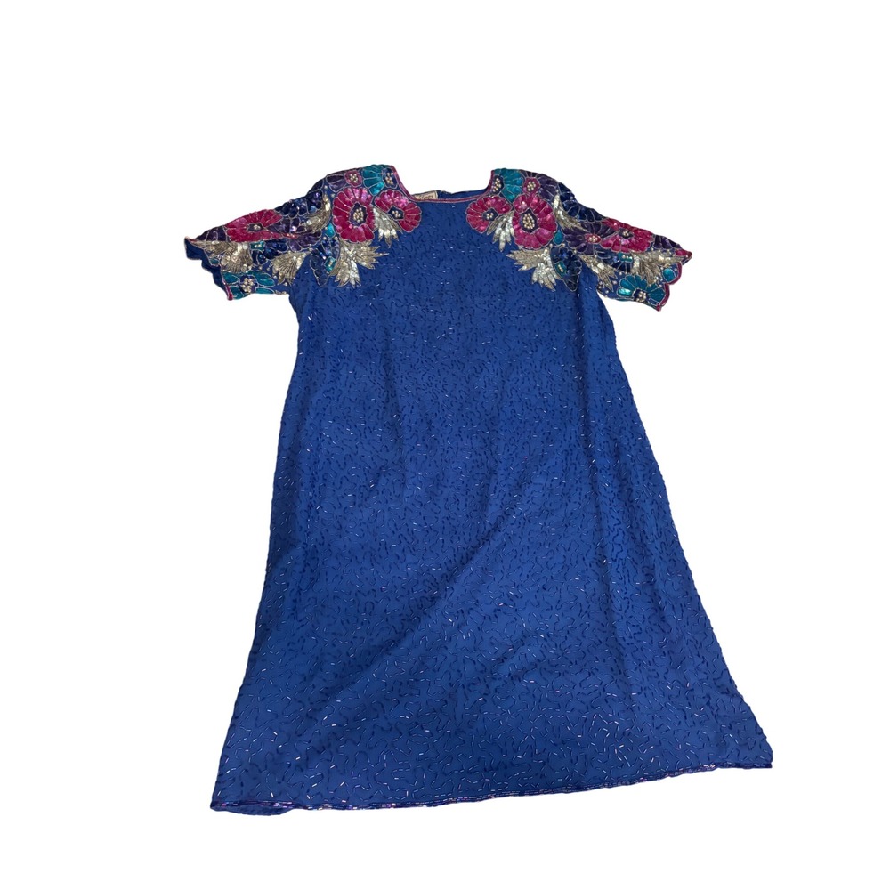 Stenay Plus Vintage Shift Dress Floral Sequin Beaded Silk Blue Formal Plus 18